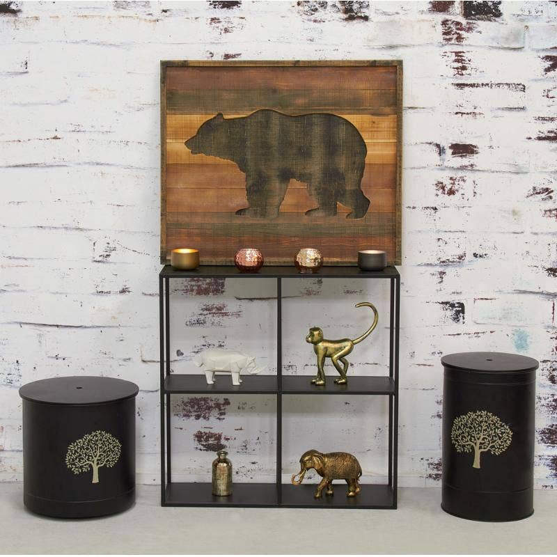 Aubry Gaspard - Venta al por mayor Cesta/caja de almacenamiento - Caja metálica para pellets negra con diseño de árbol y 3 ruedas4