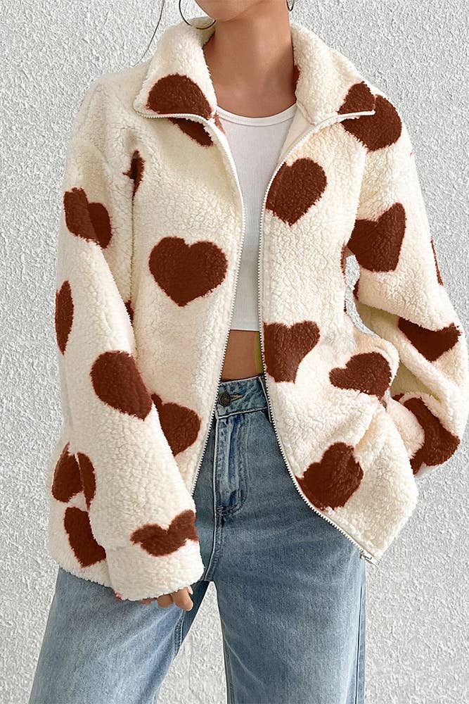 UNISHE - Wholesale Coat - Women's - Heart Pattern Fleece Zipper Long Sleeves Coat SR0954