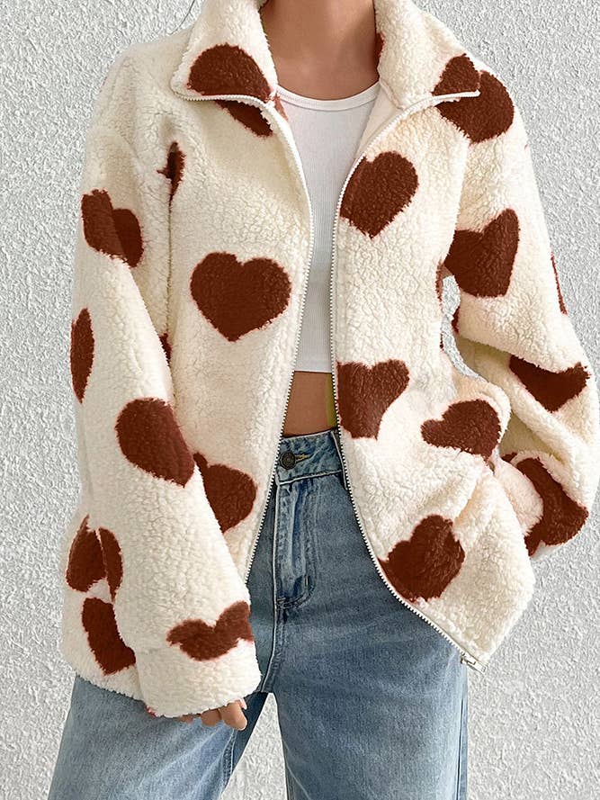 UNISHE - Wholesale Coat - Women's - Heart Pattern Fleece Zipper Long Sleeves Coat SR0954