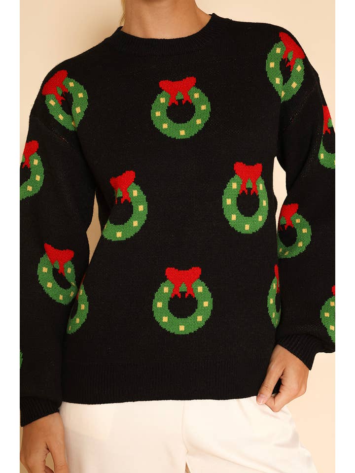 Black multi All over wreath holiday knit sweater for wholesale on Faire