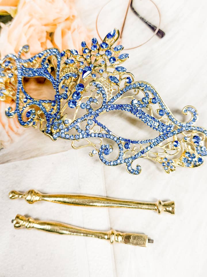 Happy Dream Gifts – wholesale Dräkt – Dam – Blå sten handhållen maskeradmask, guldmaskeradmask