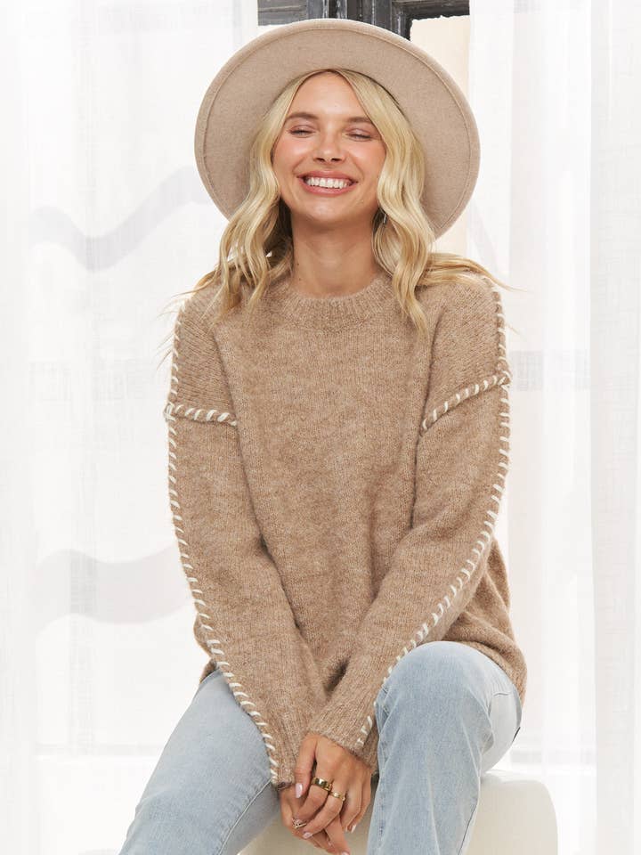 LESW3958-STITCH DETAIL KNIT SWEATER for wholesale by Madelyn
