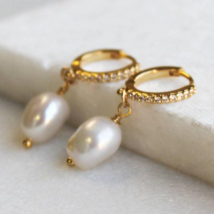 Isa Pearl & CZ Gold Hoops for wholesale by The Silver Wren