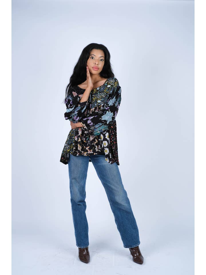 Sacred Threads - Wholesale Blouse - Women's - Midnight Bloom Bohemian Peasant Top