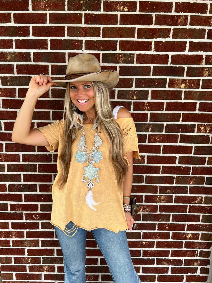 A Rare Bird Shop - Wholesale Tunic - Women's - Mustard Washed Distressed Ripped Shirt