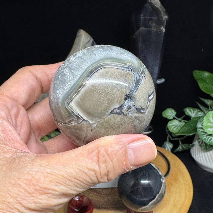 The 7 Directions - Wholesale Spiritual Stone/Crystal - 4 pc UV reactive Volcanic agate sphere wand moon bundle G7194