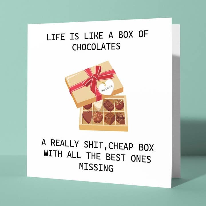 Livet er som en æske chokolade - Sympatikort for engroshandel hos Peacock Printing