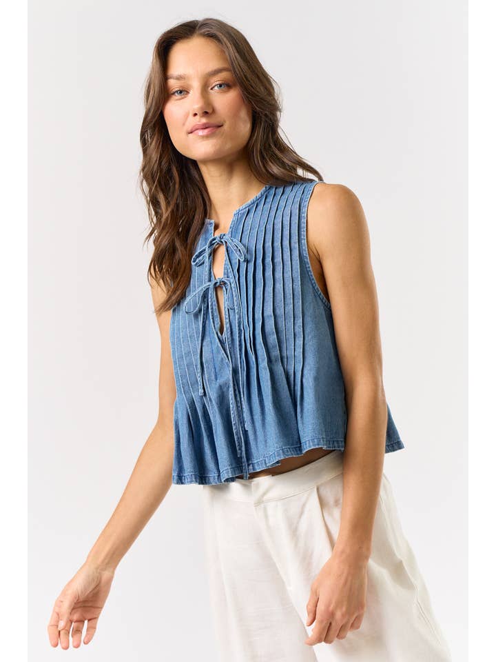 ILT5631 Denim Front Tie Pleated Top for wholesale on Faire