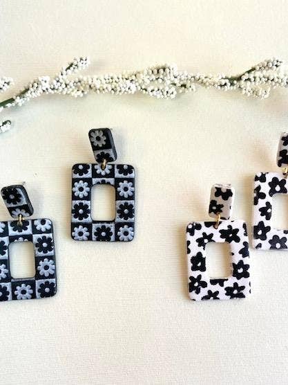 Clay Square Donut Dangles, Polymer Clay Checkered and Daisy Earrings, Lightweight Modern Floral Square Earrings, Cute Daisy Earrings, Gift for wholesale by Miles and Milo Polymer Clay Collection