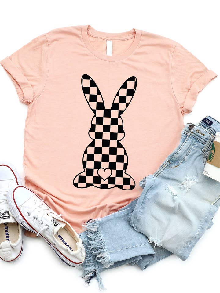 Checkered Bunny Graphic Tee for wholesale by Tickled Teal