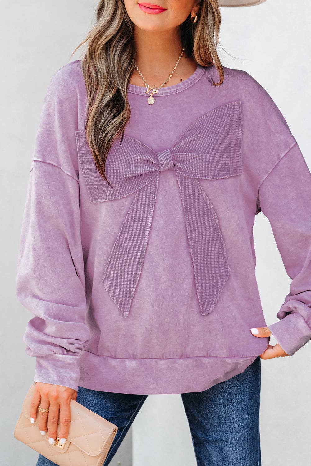 PRETTY BASH – wholesale Sweatshirt – Women's – Solid Bow Patchwork Mineral Wash Sweatshirt