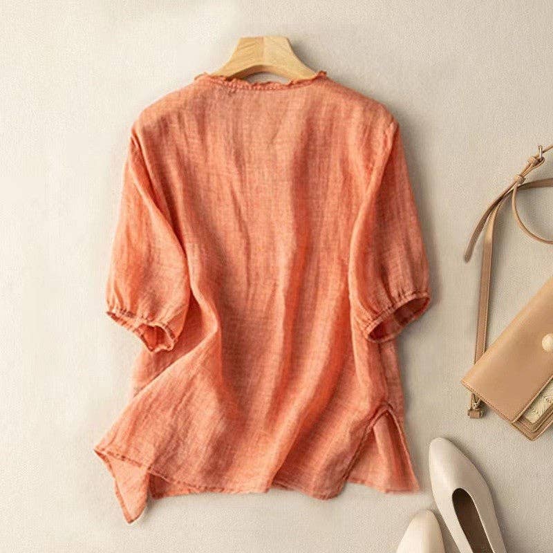 UZ Wholesale Store - Wholesale Blouse - Women's - Women's Organic Cotton  V-Neck Short Sleeve Loose Shirt3