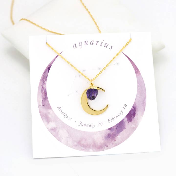 Amethyst Aquarius Crescent Moon Charm and Gemstone Necklace for wholesale by Delezhen