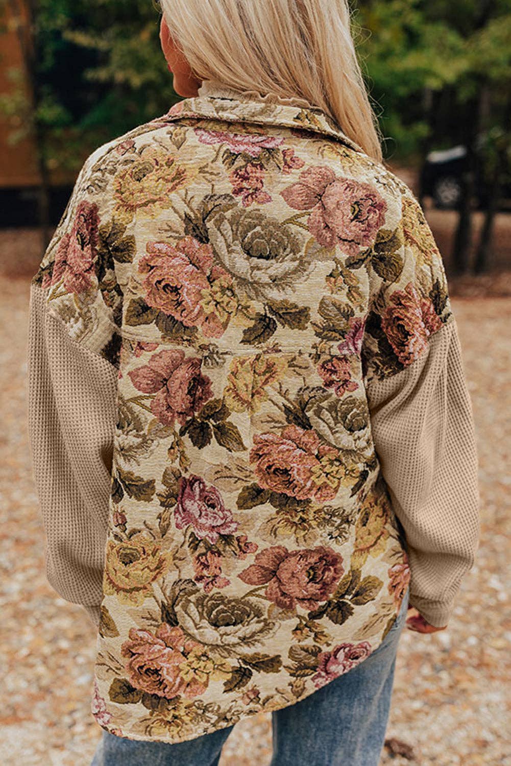 Khaki Floral Waffle Knit Patchwork Chest Pockets Buttoned Jacket for wholesale on Faire1