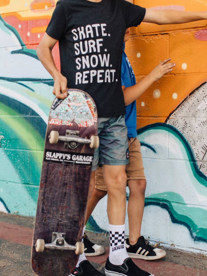 Skate/Surf/Snow Repeat Tee for wholesale by Four Boys of Summer LLC