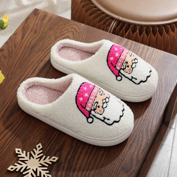 White Holiday Christmas Pink Santa Claus Plush Home Slippers for wholesale on Faire