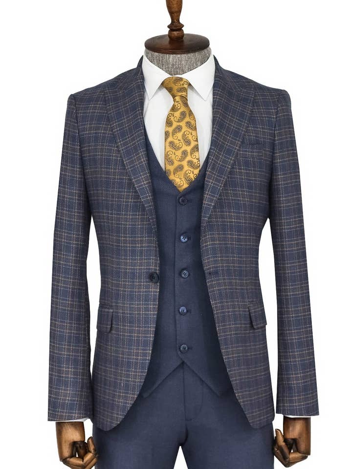 Kariertes Slim Fit Herrenanzug in Blau - Wessi - Karierter Blazer für den Großhandel von Wessi