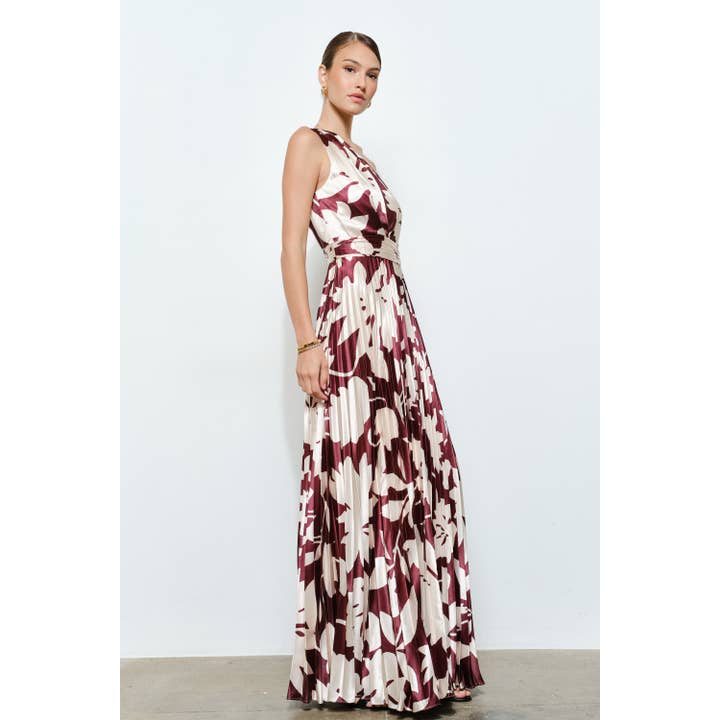 MOCHA MOUSSE One Shoulder Satin Floral Print Pleated Maxi Dress for wholesale on Faire4