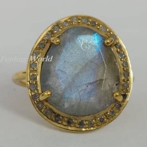 Labradoriet & Witte Topaas 925 Zilver Vergulde Ring voor wholesale door Rishi Jewelry