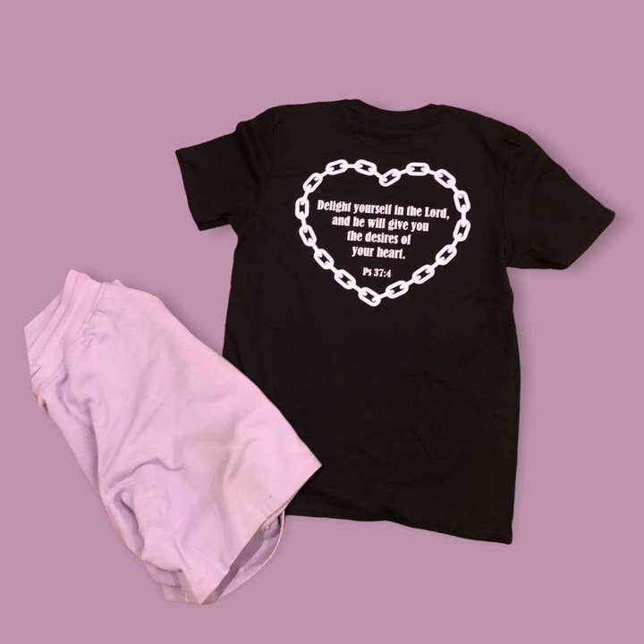 Black/Lavender Scripture Tee for wholesale by Desire Is Energy