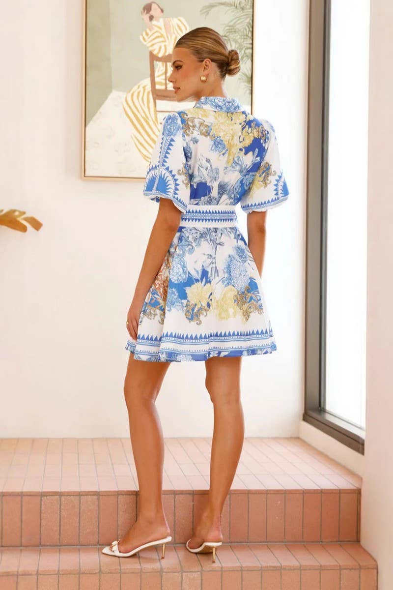 Blue CWDSD8065_SUMMER CASUAL FASHION LAPEL PRINT DRESS for wholesale on Faire1