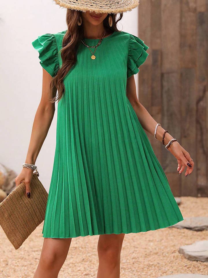 Green Pleated Ruffled Sleeve Crewneck Dress for wholesale on Faire