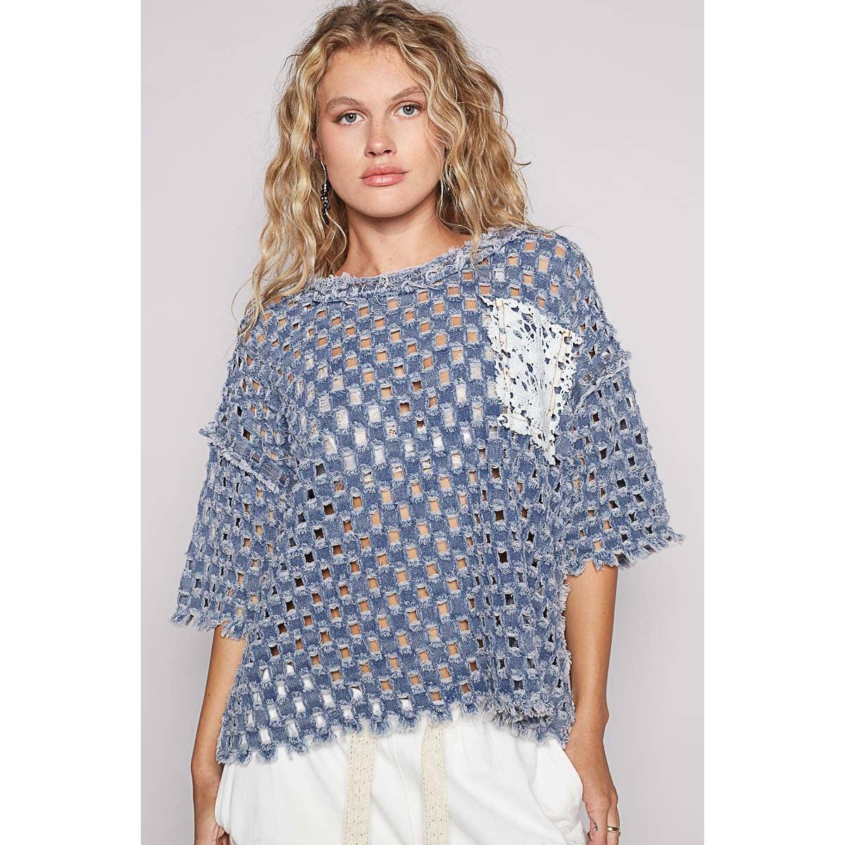 Pol Clothing - Wholesale Knit Top - Women's - Round neck short sleeve open knitted woven top2