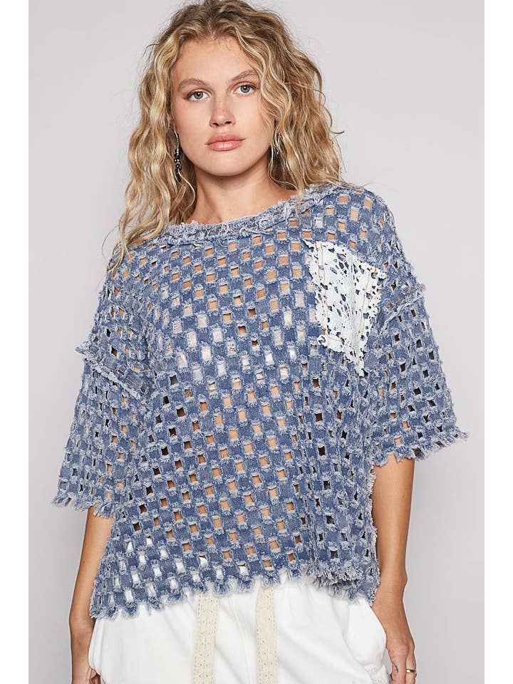 Pol Clothing - Wholesale Knit Top - Women's - Round neck short sleeve open knitted woven top2