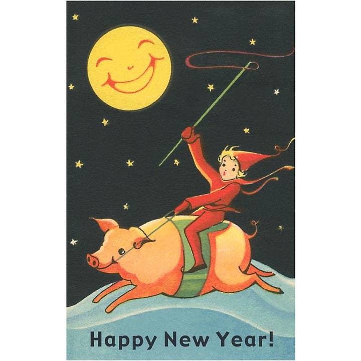 Postcard HN-118 Child Riding Pig by Smiling Moon for wholesale by Found Image Press