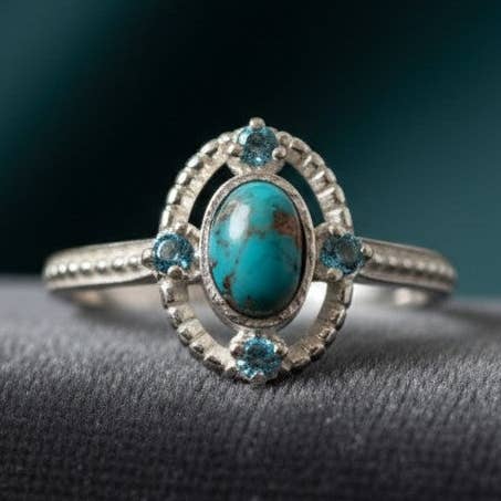 Hemelse Bloem Ring: Natuurlijke Ovale Turkoois & Blauwe Topaas Cluster in Sterling Zilver voor wholesale door Princejewelshub