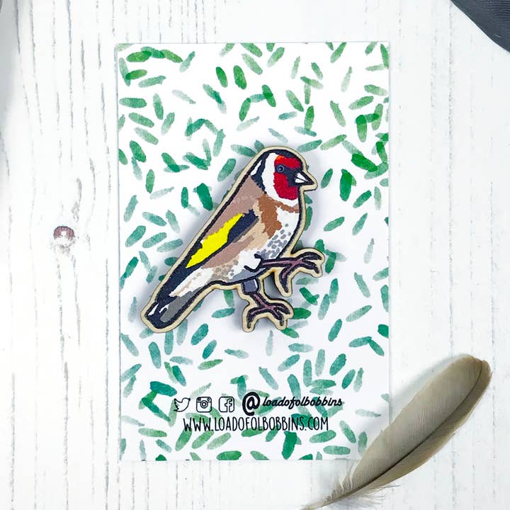 Goldfinch Bird Lapel Pin for wholesale by Loadofolbobbins