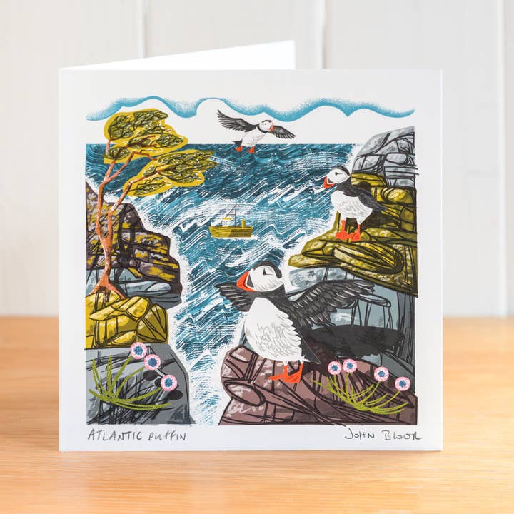 Carte de vœux Macareux moine, intérieur vierge pour la vente par John Bloor Printmaker