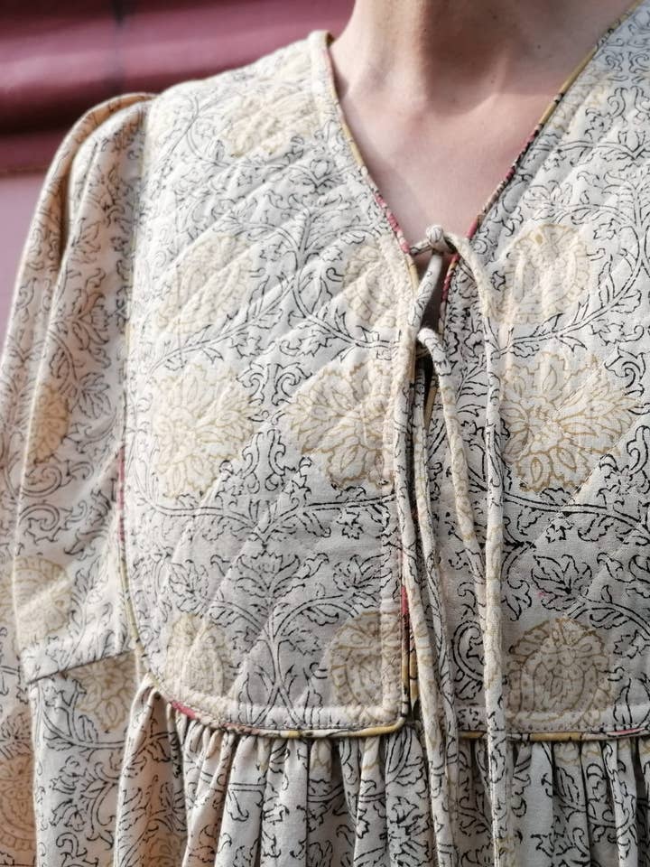 Quilted Cotton Tie-Front Dress – Hand Block Print Floral for wholesale by Cotton Conscious