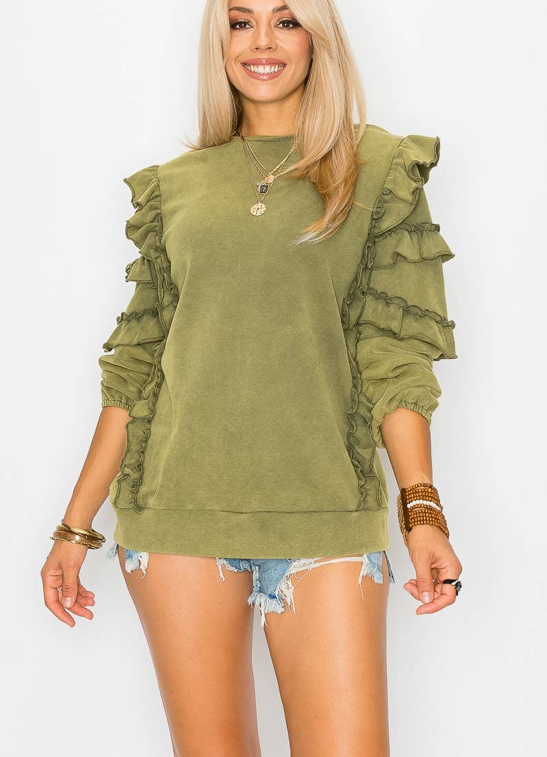 Cezele – wholesale Sweatshirt – Women's – Ruffle sleeve french terry washed sweatshirt9