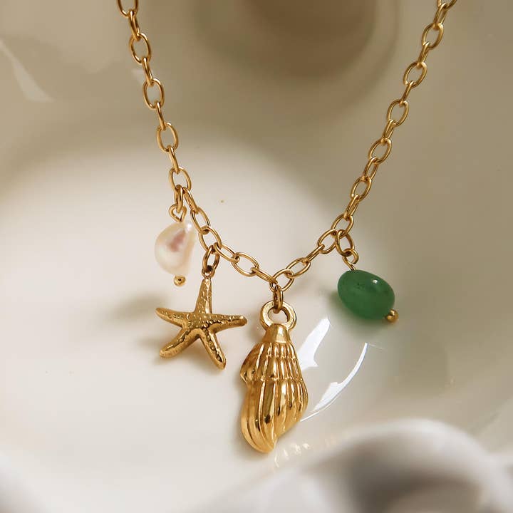 Bonbon 18K Gold Non-Tarnish Pearl and Shell Charm Necklace for wholesale on Faire3