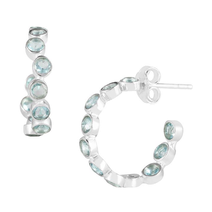 Dew Drops Blue Topaz Studded Hoops Earrings Silver for wholesale by Protsaah