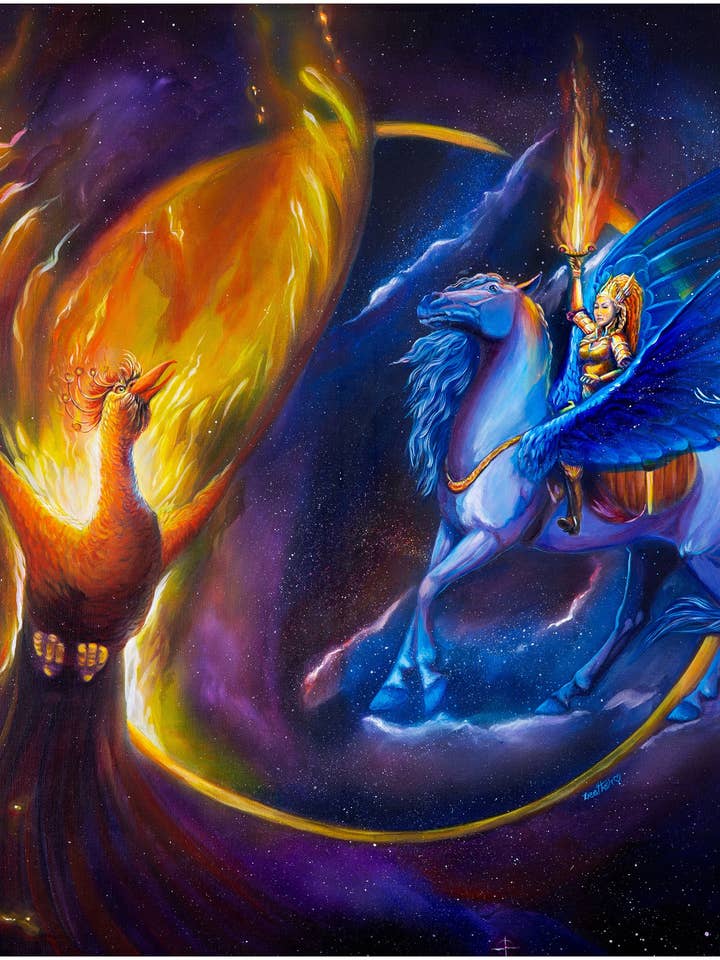 Fine Art Print. Valquíria e Phoenix. Força. Renascimento por atacado de Wings of Fantasy