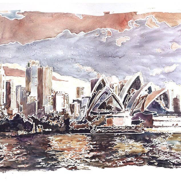Sydney Opera House en skyline van de stad - aquarel Sydney Australië beeldende kunst aquarel schilderij Sydney Harbour skyline art (print) voor wholesale door Ryan Fox Fine Art
