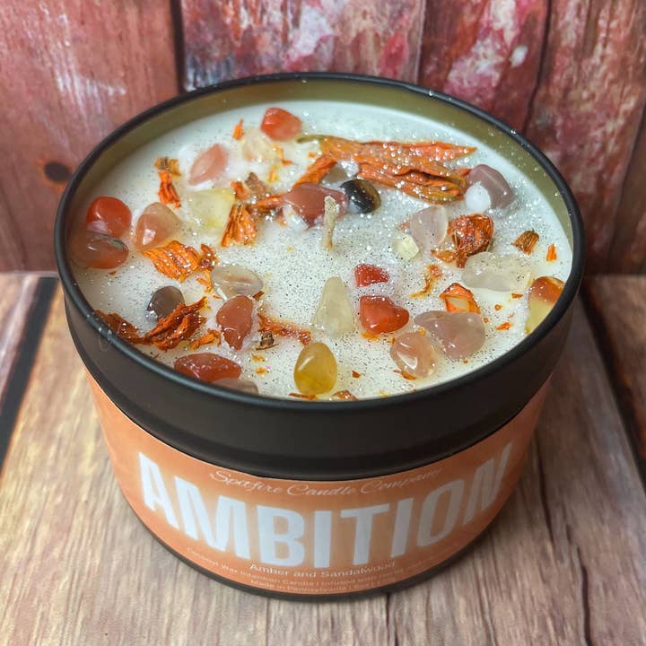 Vela de intención Ambition, ámbar y sándalo, con infusión de hierbas y cornalina para venta al por mayor de Spitfire Candle Company