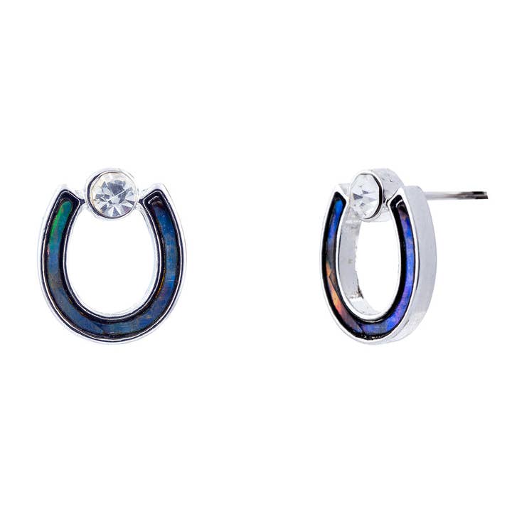 Paua Shell Horse Shoe Stud Earrings, Rhodium Plated for wholesale by Byzantium Collection Ltd