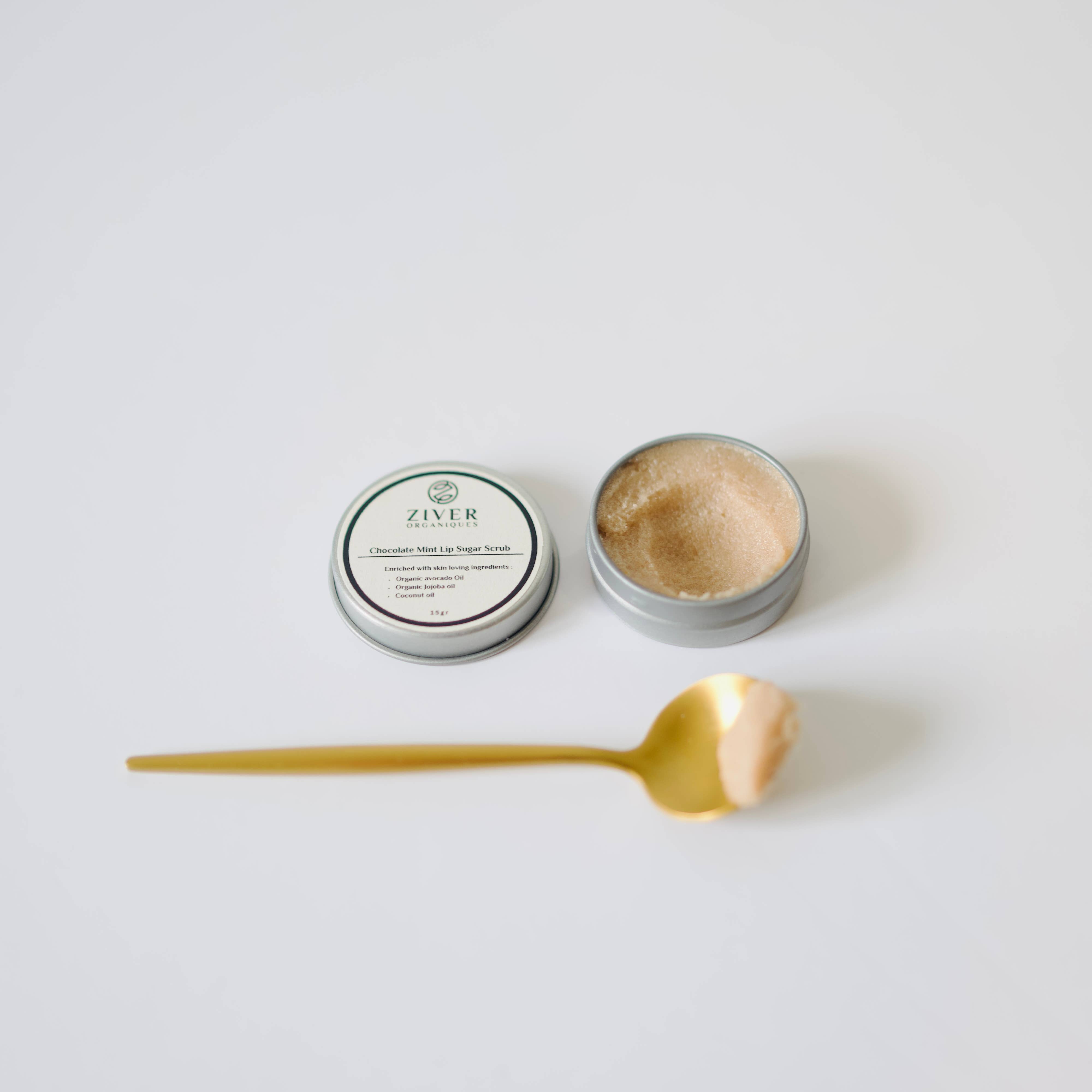 Ziver Organiques – Esfoliante labial por atacado – Esfoliante Labial de Açúcar com Chocolate e Menta 15 g
