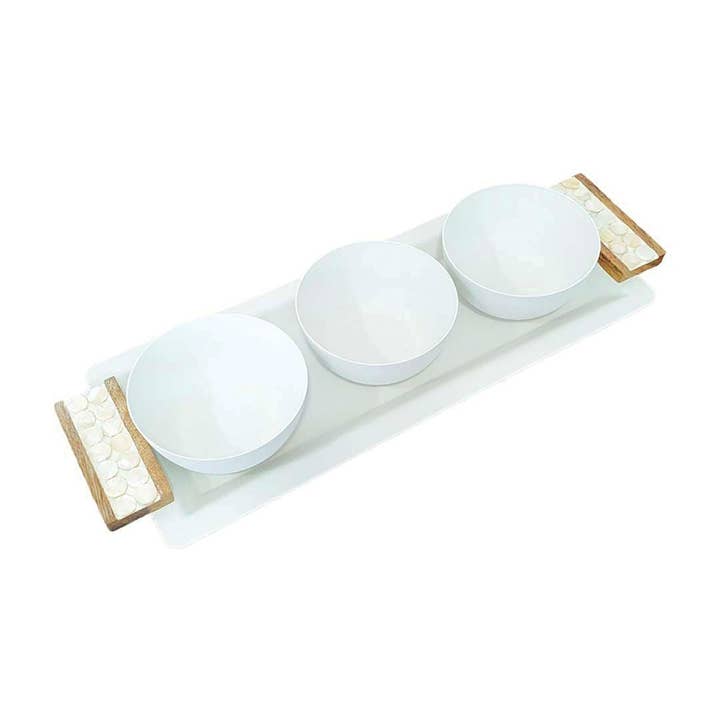 Appetizer set with 3 bowls on white and wood tray 33x14cm for wholesale by AULICA