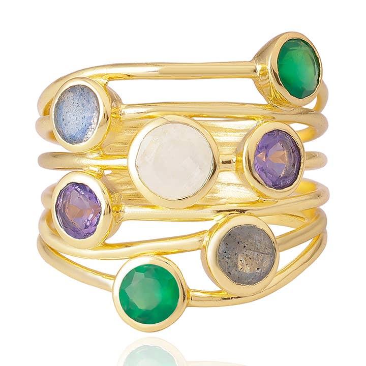 Anel Iona Entwined: Ónix Verde, Ametista, Pedra da Lua & Labradorite por atacado de AZUNI London