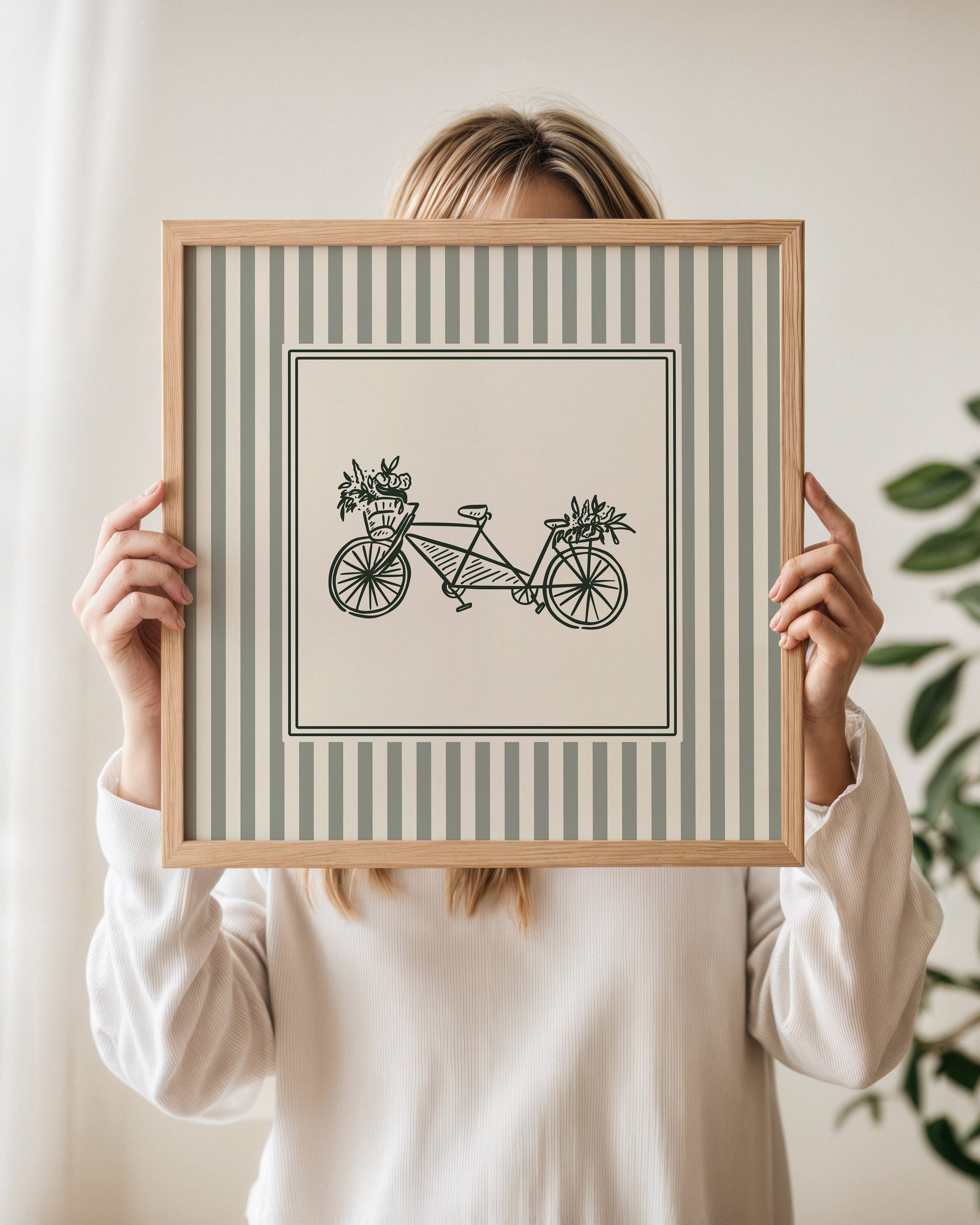 Paperly Creative Co - Wholesale Art Print - Bike with Flowers Art Print (Sage Green Stripe)4