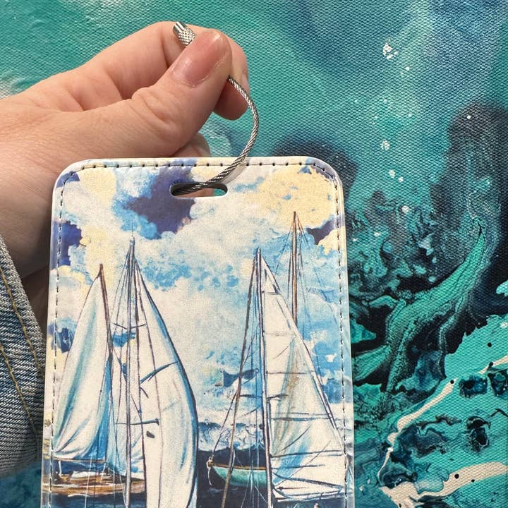 Boats in the Blue Luggage Tag for wholesale by Rachel Pierce Art Gallery
