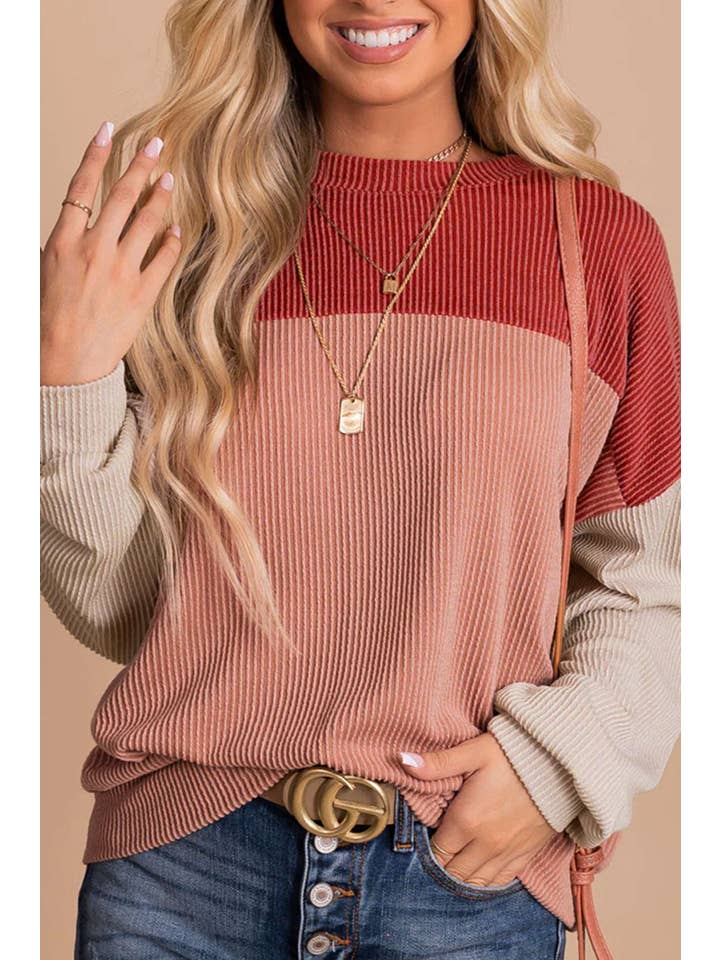 PRETTY BASH - Wholesale Knit Top - Women's - Colorblock Rib Textured Knit Top