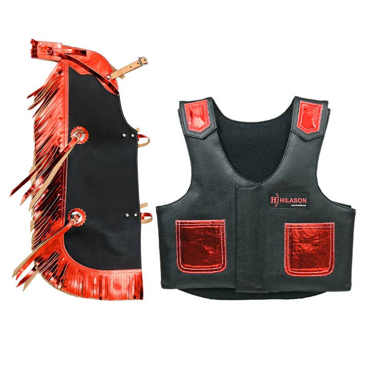 HILASON - Wholesale Horseback Riding Gear - Hilason Junior Youth Bull Riding Pro Rodeo Leather Protective Vest Chaps2