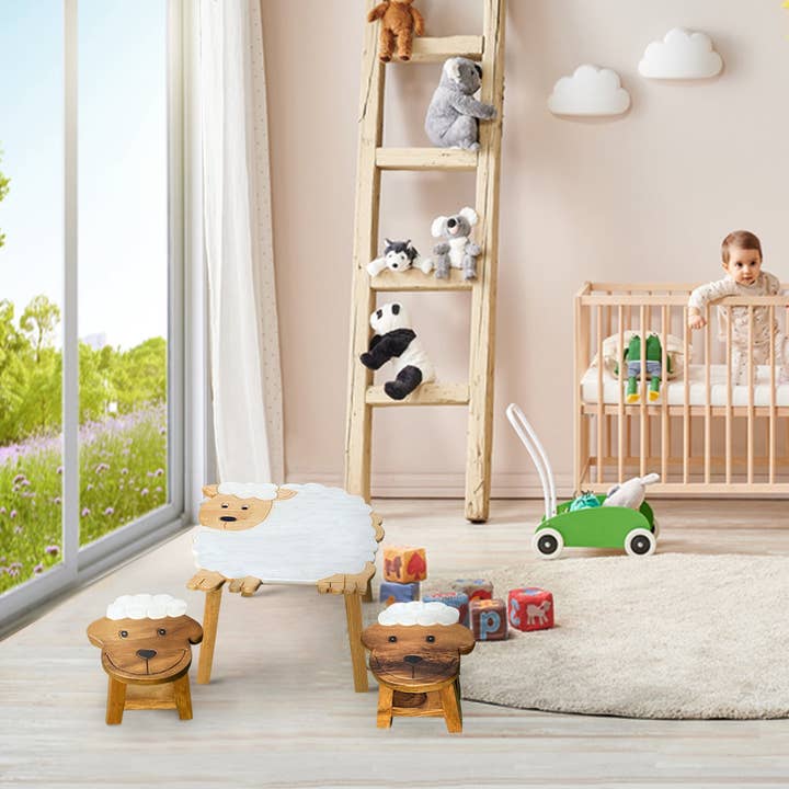 Children’s wooden table and chair stools set Shaun the Sheep for wholesale by funyards
