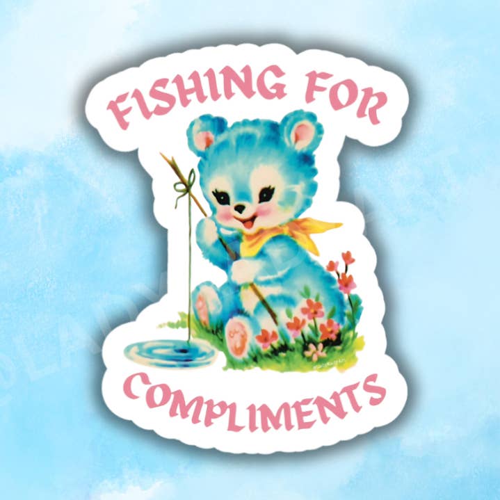 Fishing for Compliments Sticker, Vintage Kitsch, Cute Retro for wholesale by Lady Kady Art
