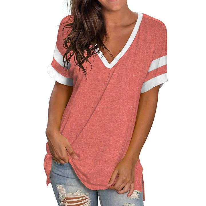 KK Bloom – wholesale Tunic – Women’s – Solid Color V-neck Stitching Short-sleeved Loose T-shirt